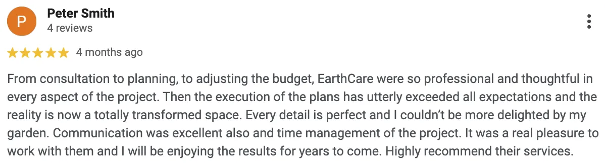 Screenshot of a 5-star customer review praising EarthCare Gardens’ garden design and landscaping service