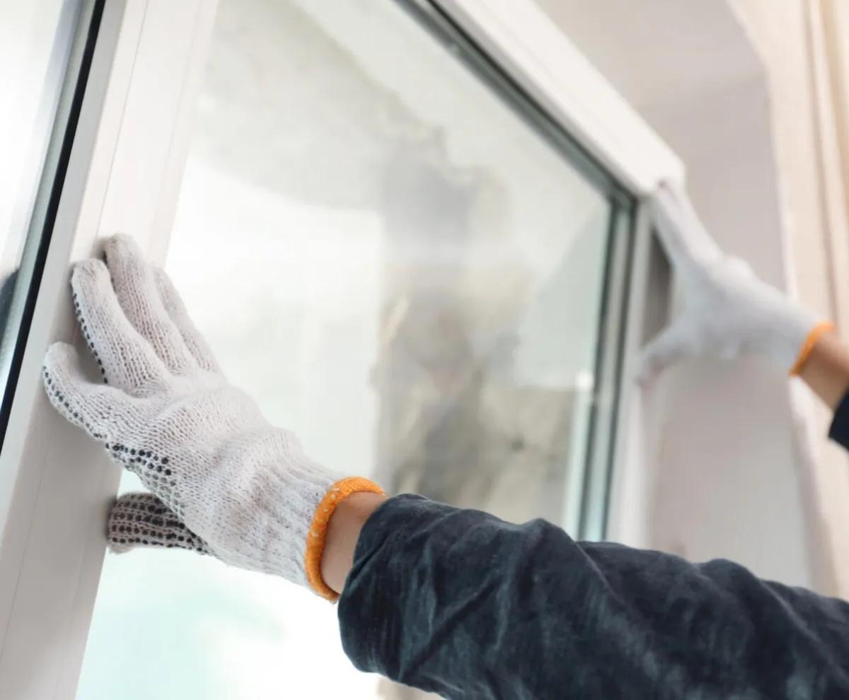 Hands in gloves installing a new window frame.