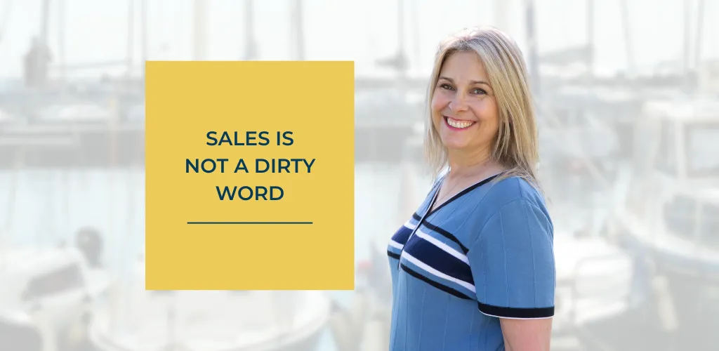 Bookkeeping business coach smiling with text “Sales is not a dirty word”