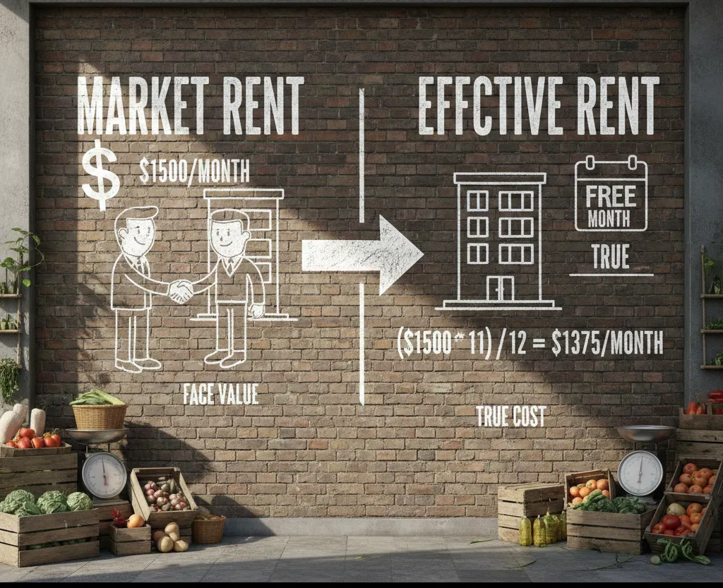 Infographic on a brick wall showing market rent at $1,500/month versus effective rent at $1,375/month after one free month applied to a 12-month lease.