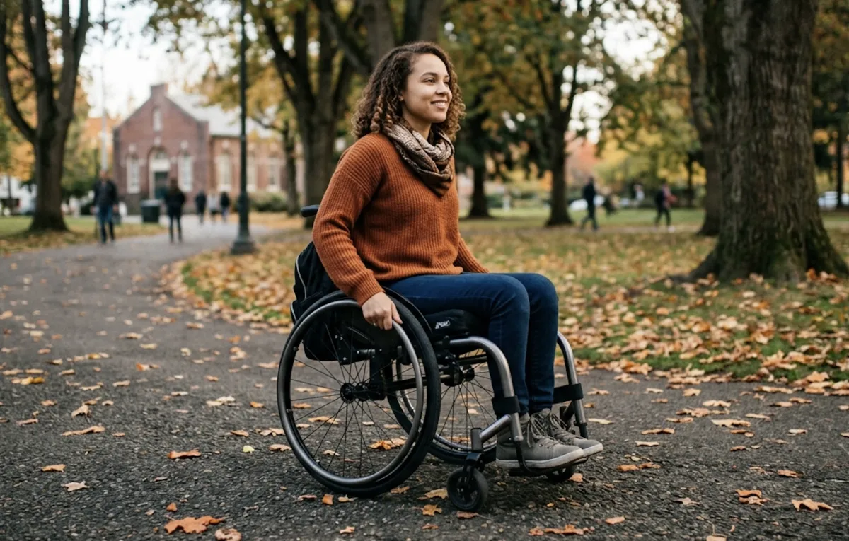 A young woman in a wheelchair smiles while moving along a tree-lined path covered in autumn leaves, with a campus-like setting and a brick building in the background.