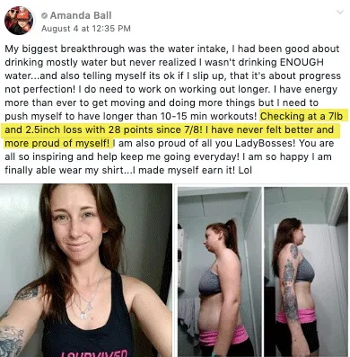 Customer testimonial from a LadyBoss challenge participant.