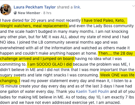 Customer testimonial from a LadyBoss challenge participant.
