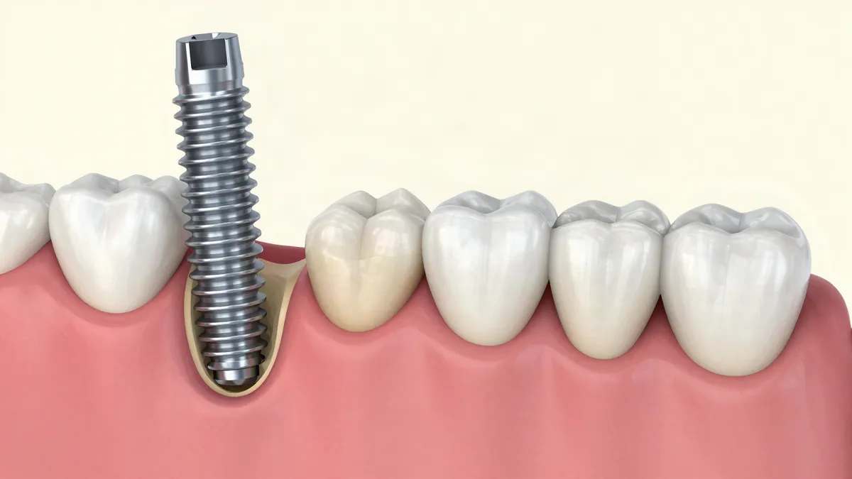 Illustration of a titanium dental implant post placed in the jawbone between natural teeth