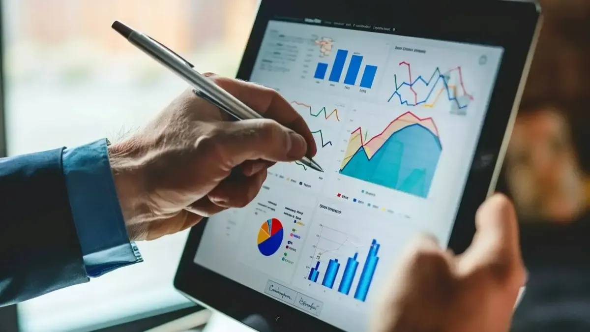 Main pointant un graphique sur une tablette, représentant la mise en place et le suivi des contrats d’assurance et prévoyance.