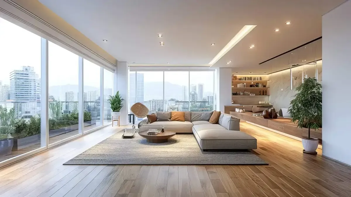 Salon moderne lumineux représentant un bien immobilier haut de gamme, illustrant l’investissement immobilier accompagné par un conseiller en gestion de patrimoine à Lyon.