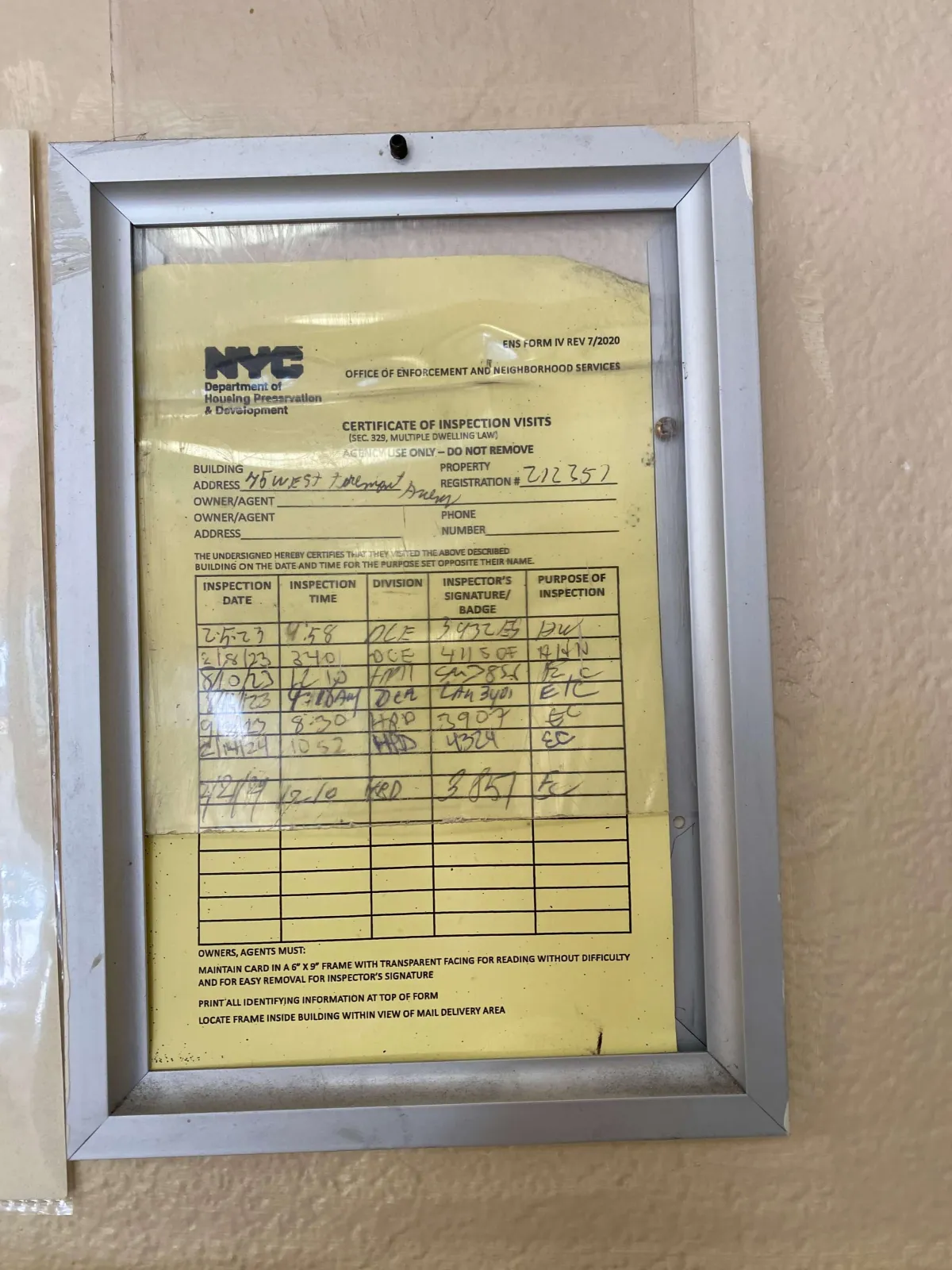 An NYC building inspection certificate, representing legal requirements for lead safety in residential properties. Our Bronx lead poisoning lawyers help victims hold negligent landlords accountable for toxic lead exposure