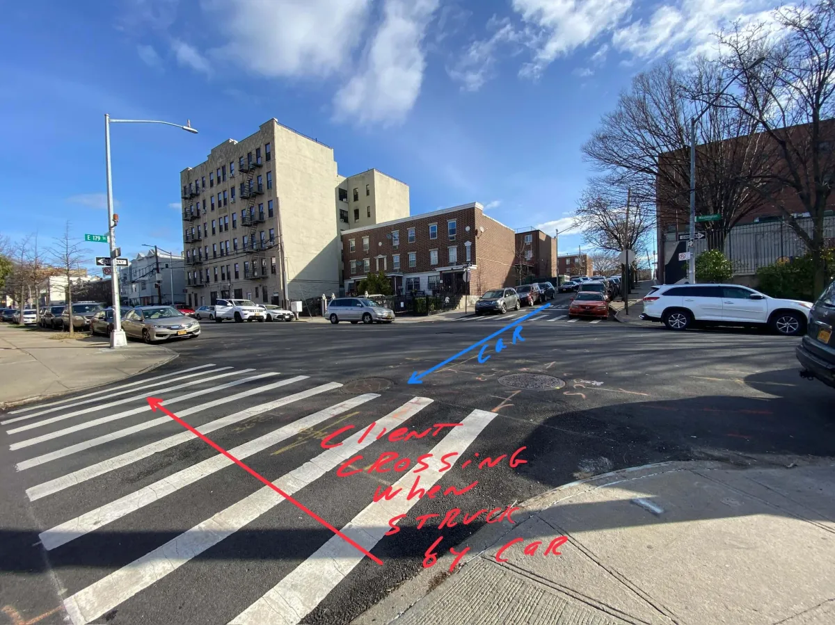 A Bronx intersection with investigator markups, showing where our pedestrian client was struck by a vehicle. Our Bronx pedestrian accident lawyers help victims seek compensation for injuries.