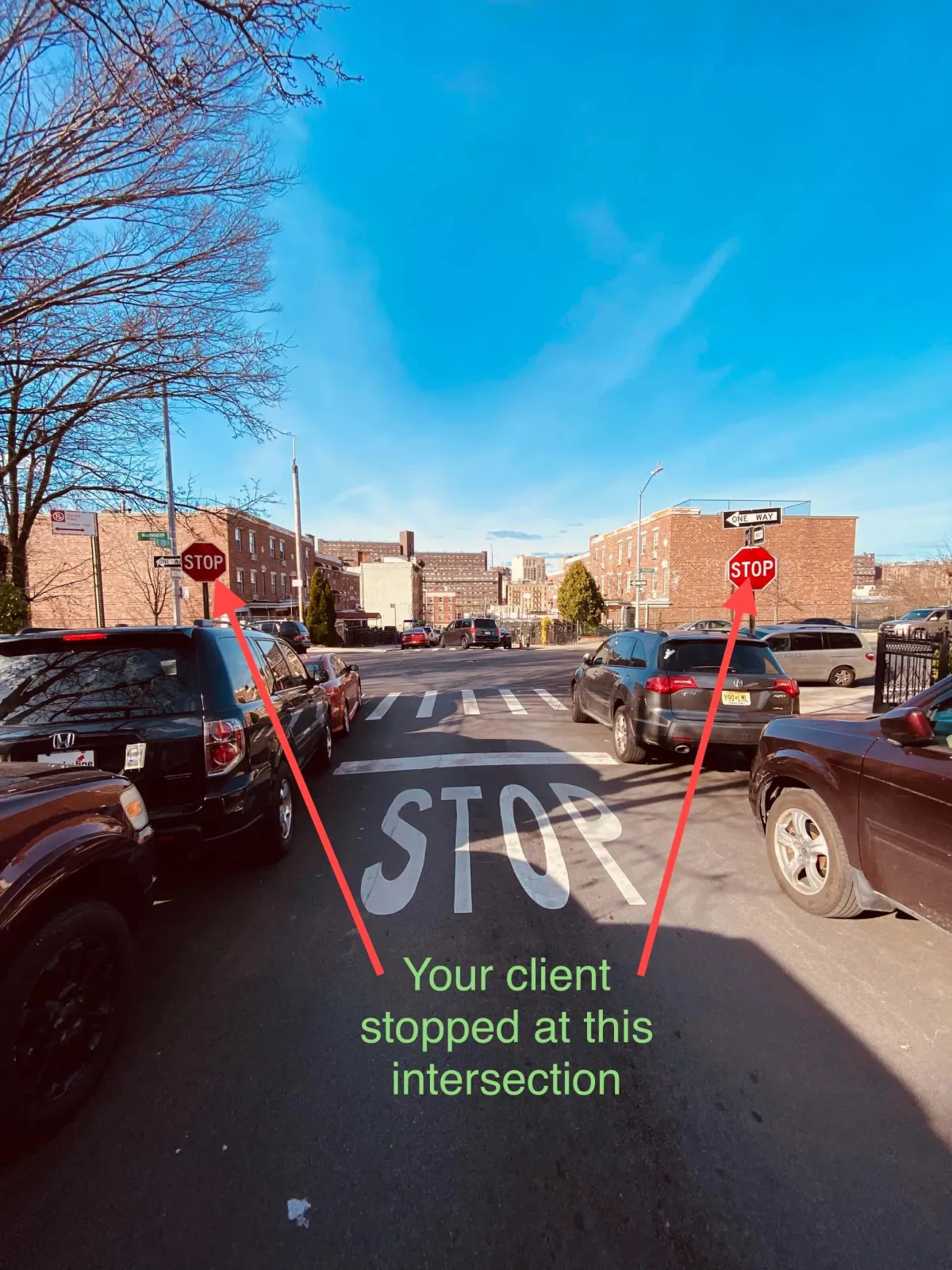 An aerial view of a Bronx intersection with investigator markings, showing the impact point where a hit-and-run driver struck a client’s car. The image includes skid marks, directional arrows, and a forensic-style overlay highlighting the accident details.