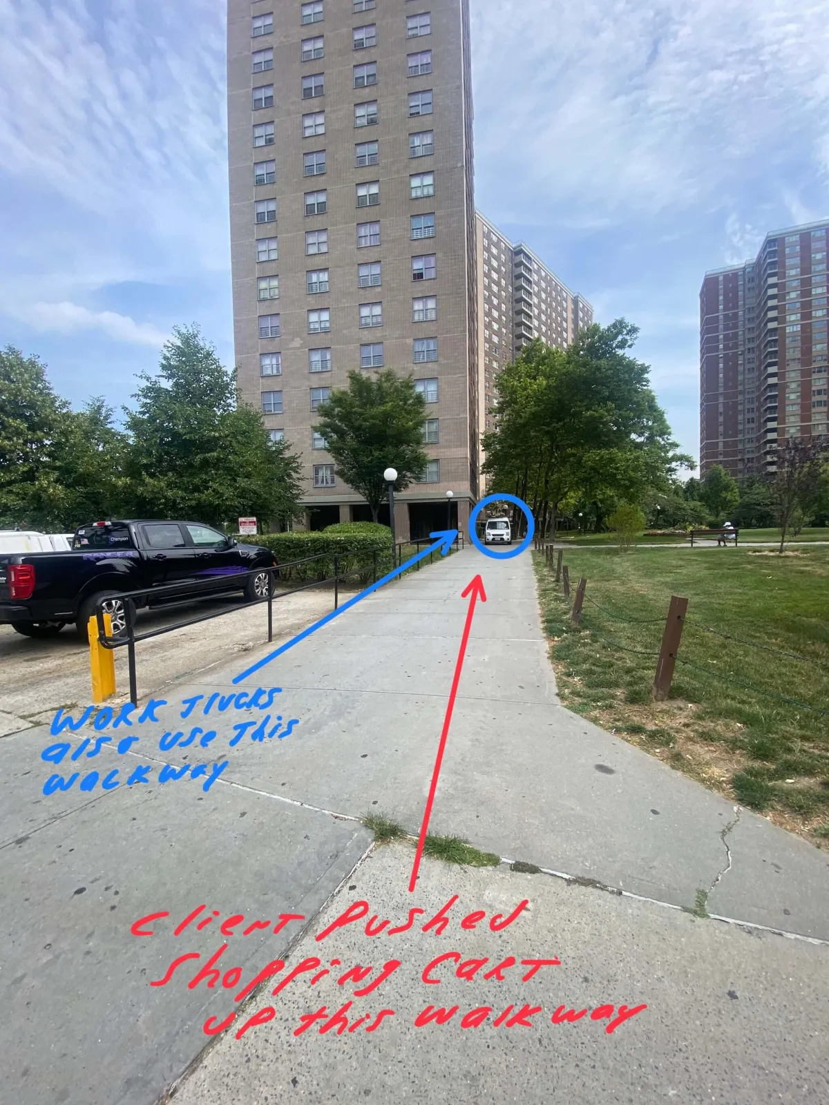 A walkway in Co-op City, Bronx, with a residential building in the background and investigator markups indicating where a client was injured. This location page highlights legal services for Co-op City residents injured due to unsafe conditions or negligence.