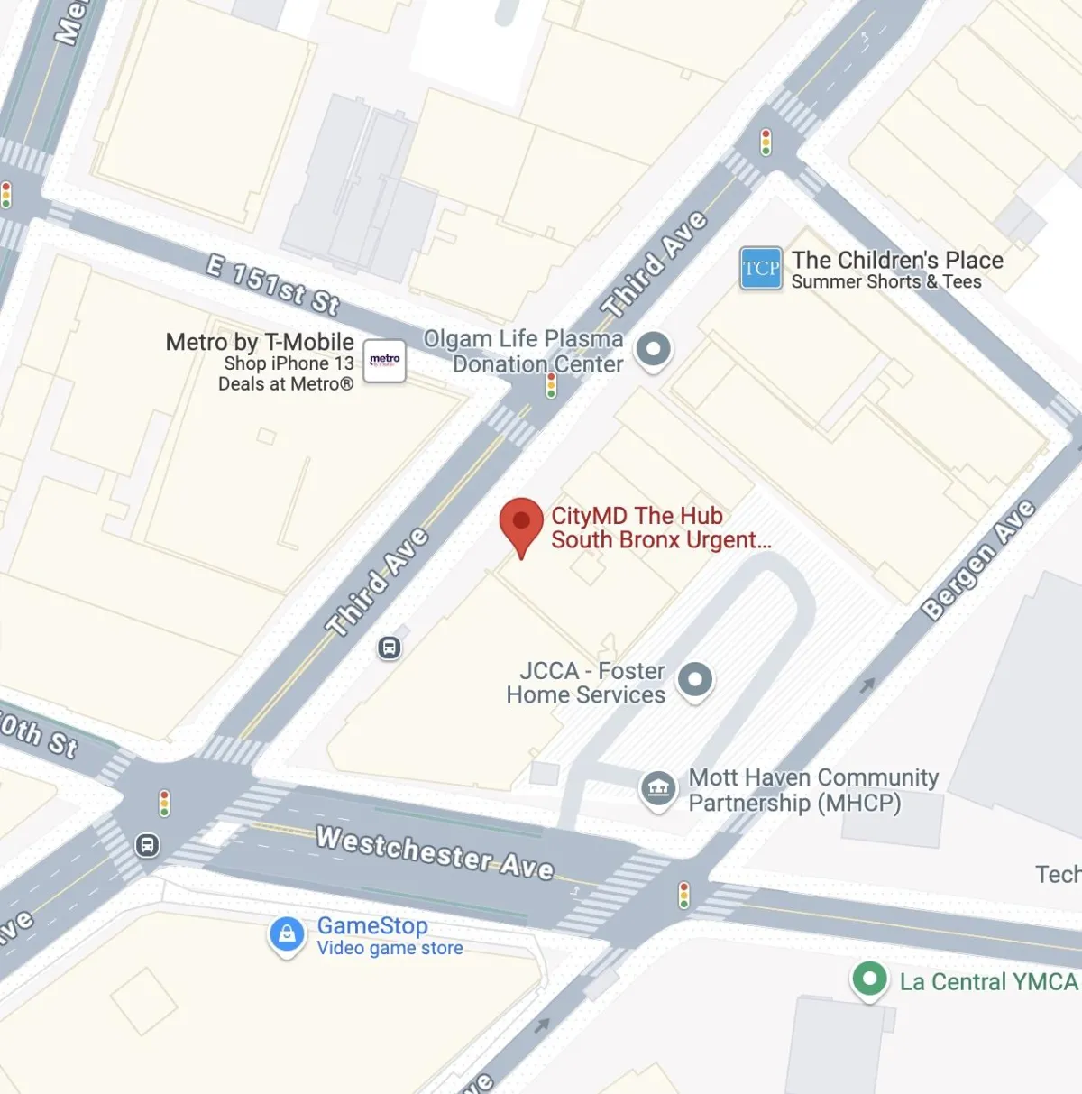 Map showing location of CityMD South Bronx Urgent Care at The Hub near 3rd Ave and 148th Street