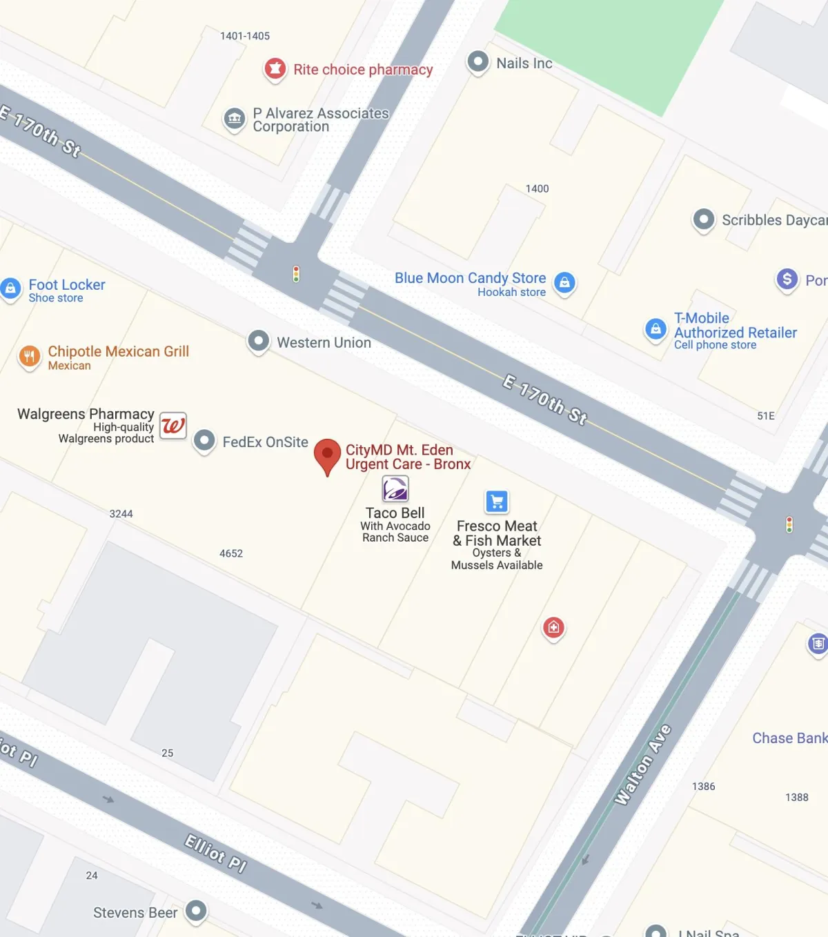 Map showing location of CityMD Mt. Eden Urgent Care near 170 Street station and Grand Concourse