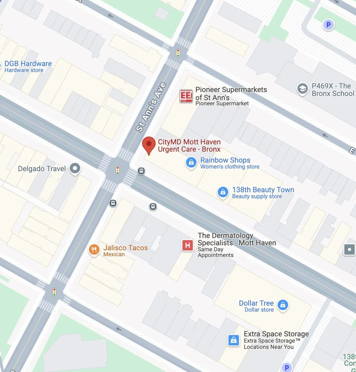 Map showing location of CityMD Mott Haven Urgent Care near Brook Ave and Cypress Avenue subway stations and the Major Deegan expressway