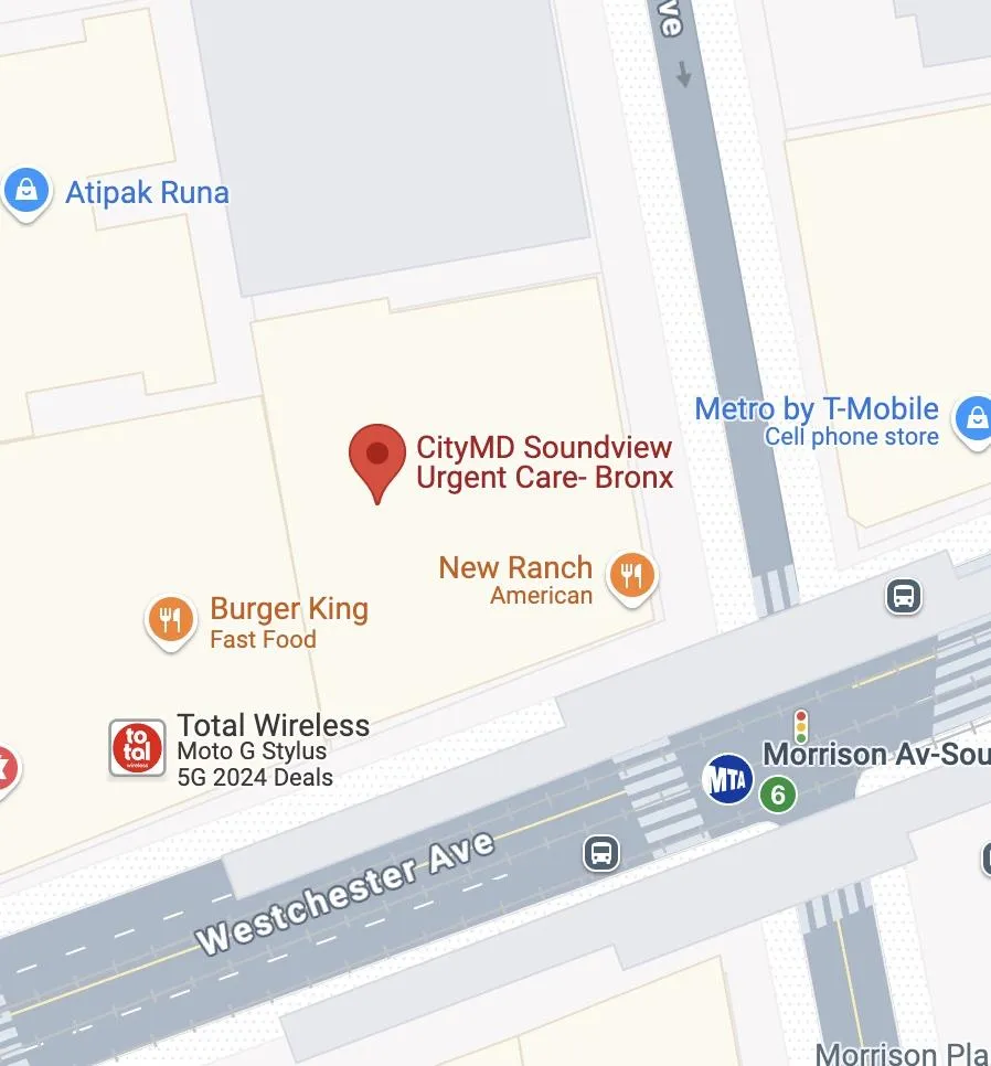 Map showing location of CityMD Soundview Urgent Care near Elder Avenue and Morrison Avenue subway stations on the Pelham Line