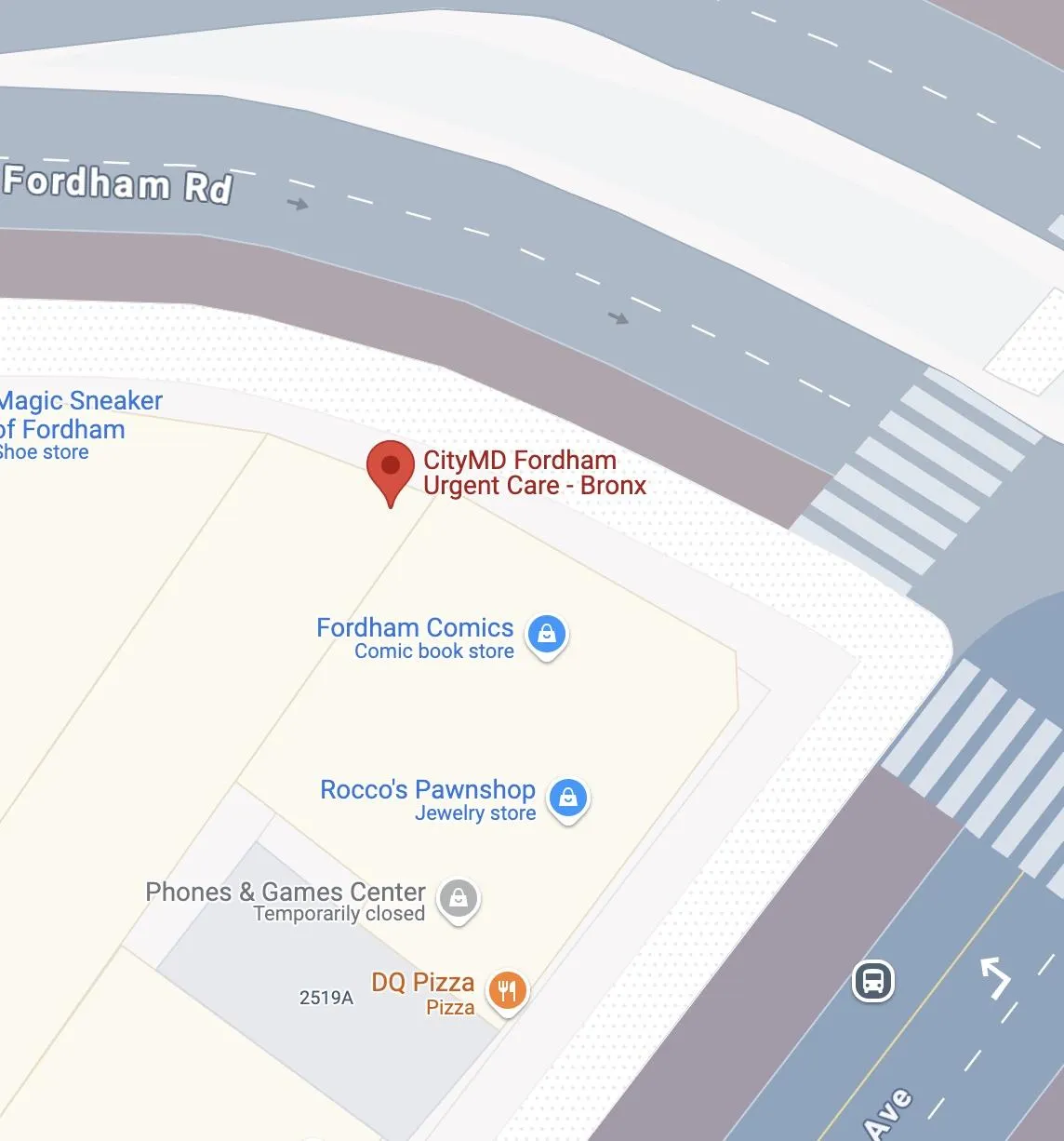 Map showing location of CityMD Fordham Urgent Care near Fordham train station and the Webster Ave/E Fordham Rd Bx41 bus stop
