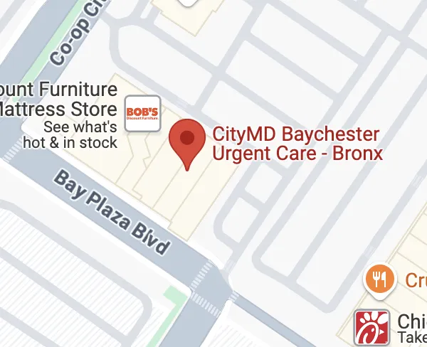 Map showing location of CityMD Co-op City Baychester Urgent Care at Bay Plaza near Baychester Ave and the New England Thruway