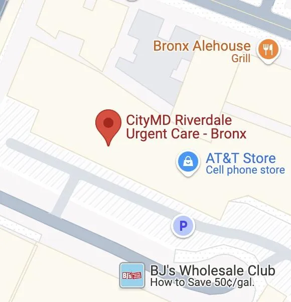 Map showing location of CityMD Riverdale Urgent Care near the 238th Street subway stop and W 238 St/Broadway Bx3 bus stop
