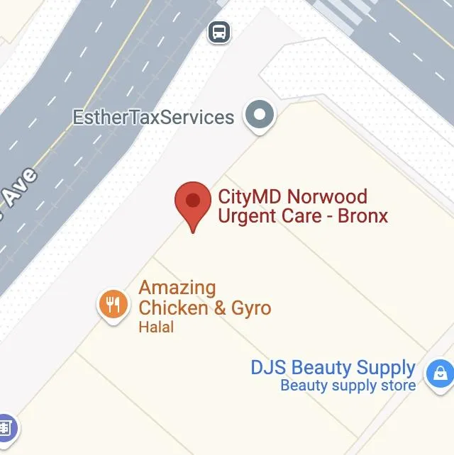 Map showing location of CityMD Norwood Urgent Care at Jerome Avenue and East Gun Hill Road near Bx10 and MTA bus stops