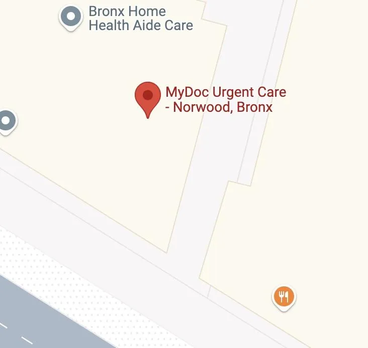 Map showing location of MyDoc Urgent Care – Norwood near Bx28 and Bx38 bus stops and just a few blocks from the Number 4 train