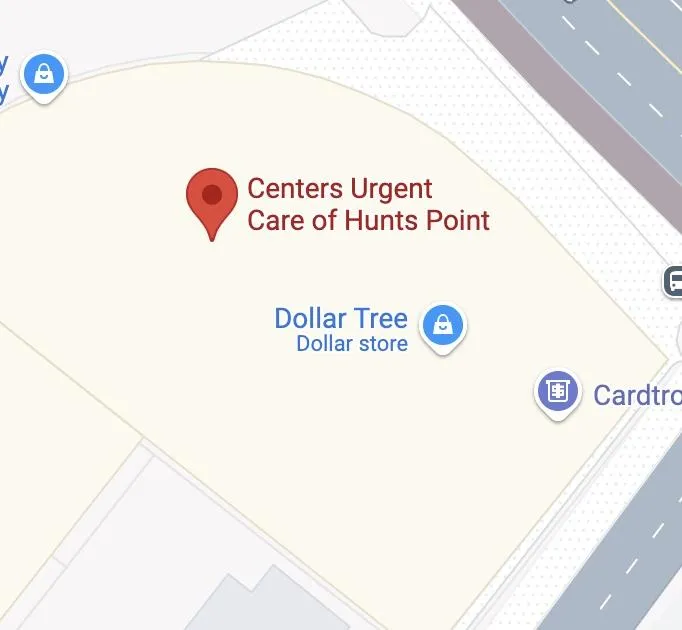 Map showing location of Centers Urgent Care Hunts Point at the intersection of Hunts Point Avenue and Bruckner Boulevard near the Bx5, Bx6, and Bx19 bus lines