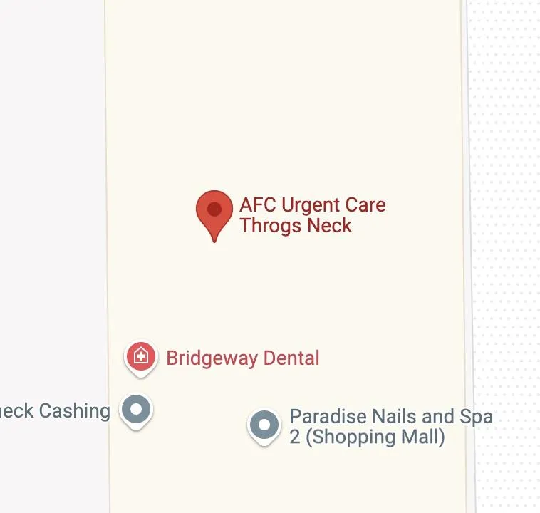 Map showing location of AFC Urgent Care – Throgs Neck in the Throgs Neck Shopping Center between Brush Avenue and Lafayette Avenue