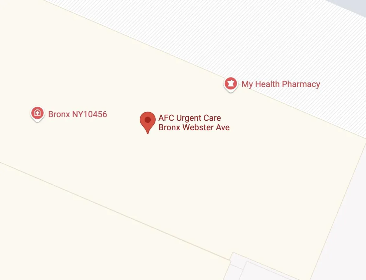 Map showing location of AFC Urgent Care – Webster Avenue at Webster Ave and East 168th Street near the Bx41 and Bx35 bus lines