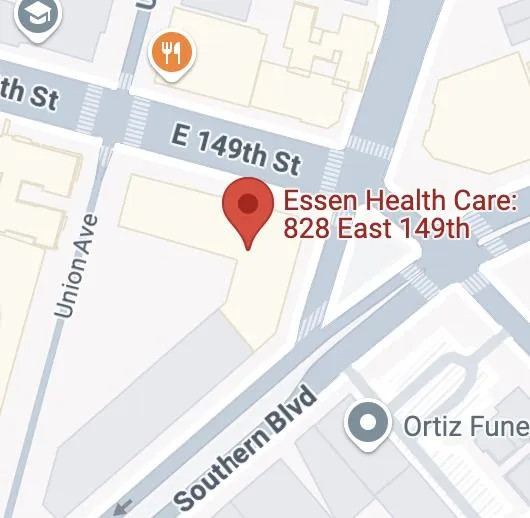 Map showing location of Essen Urgent Care – East 149th Street at the corner of E 149th Street and Southern Boulevard near the #6 train and Bx19 bus