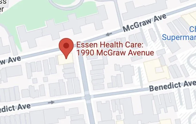 Map showing location of Essen Urgent Care – 1990 McGraw Avenue at the corner of McGraw Avenue and Pugsley Avenue near the Bx4 bus