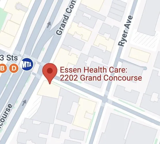 Map showing Essen Urgent Care at 2202 Grand Concourse, located beside the B and D train stop at 182nd Street