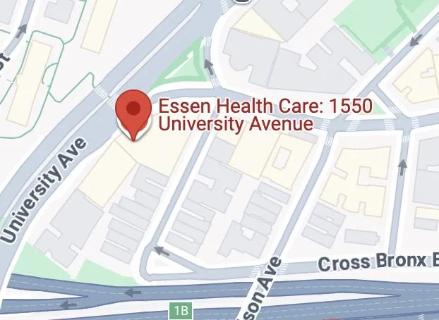 Map showing Essen Urgent Care at 1550 University Avenue, located near Cross Bronx Expressway and the BX3 and BX36 bus stops.