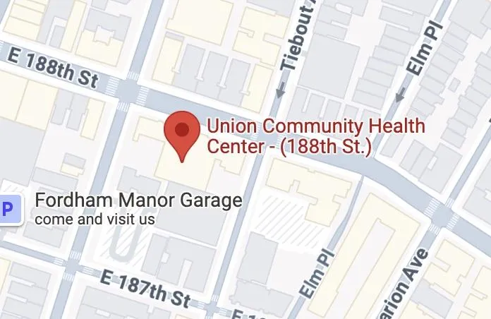 Map showing Union Community Health Center at 260 East 188th Street, two blocks from the B and D trains.
