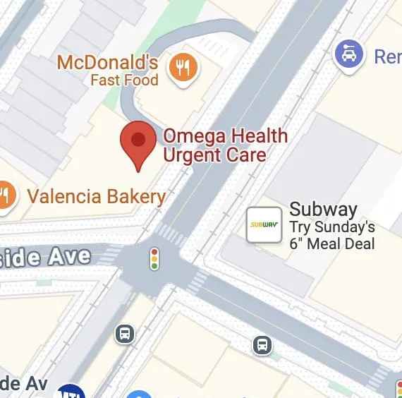 Map showing Omega Health Urgent Care near McDonald’s and Valencia Bakery at 1 W Burnside Ave in the Bronx.