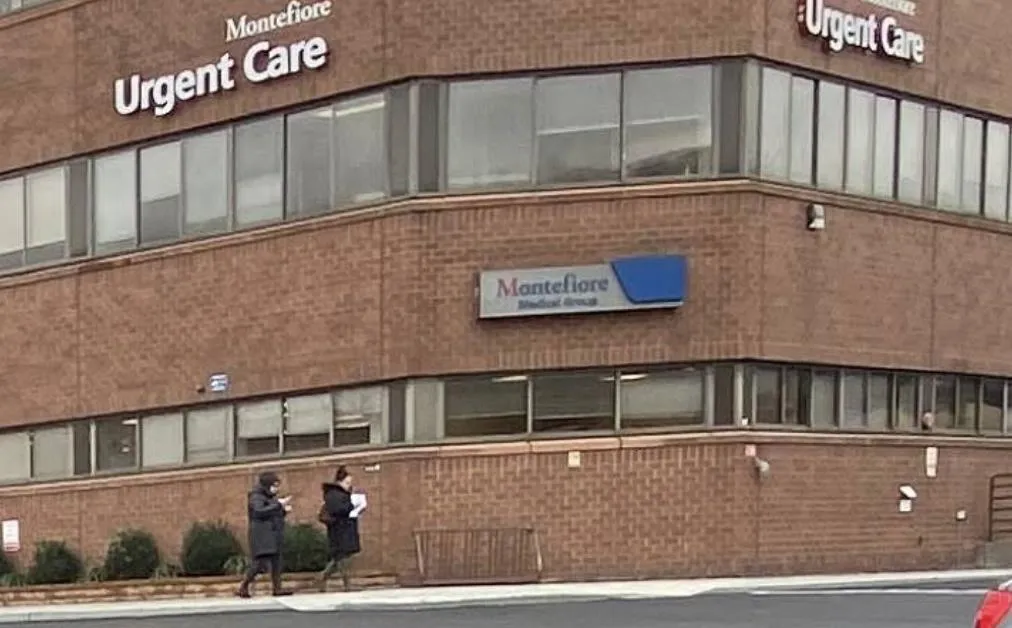 Montefiore Urgent Care building at 2300 Westchester Avenue with visible signage and pedestrians outside.
