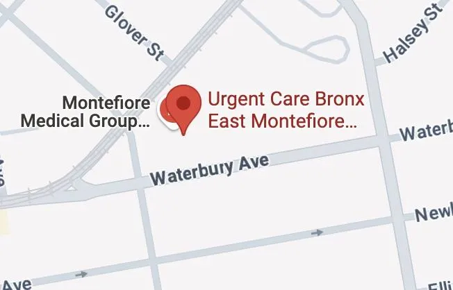 Map showing Montefiore Urgent Care at 2300 Westchester Ave near Waterbury Ave and the #6 subway line.