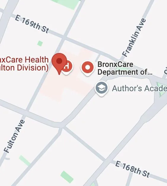 Map showing BronxCare Health System at 1276 Fulton Ave near the BX35 bus stop and Franklin Avenue.