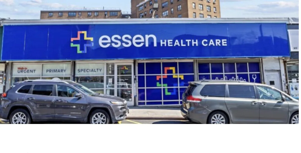 Front entrance of Essen Urgent Care at 616 Castle Hill Ave in the Bronx with cars parked in front.