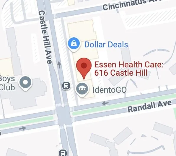Map showing Essen Health Care at 616 Castle Hill Ave located between Randall Ave and Seward Ave.