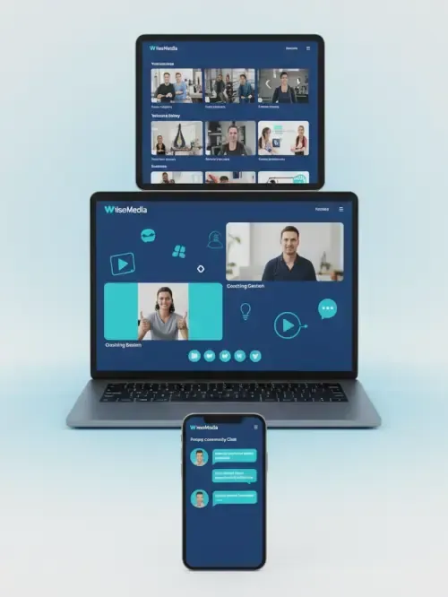 Mockup 3D de laptop, tablet y smartphone mostrando entrenamientos y comunidad WiseMedia