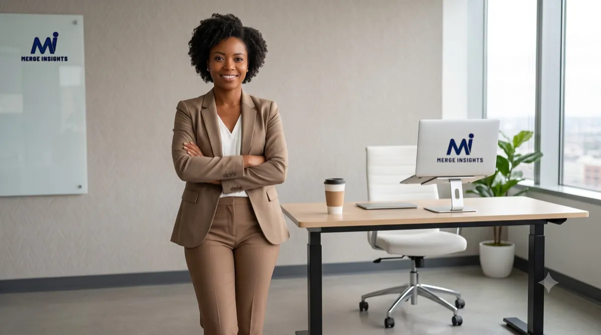 The image shows a professional businesswoman standing confidently in a modern office, representing Staff Monitoring Software by Merge Insights, with Merge Insights branding visible on the wall and computer monitor.