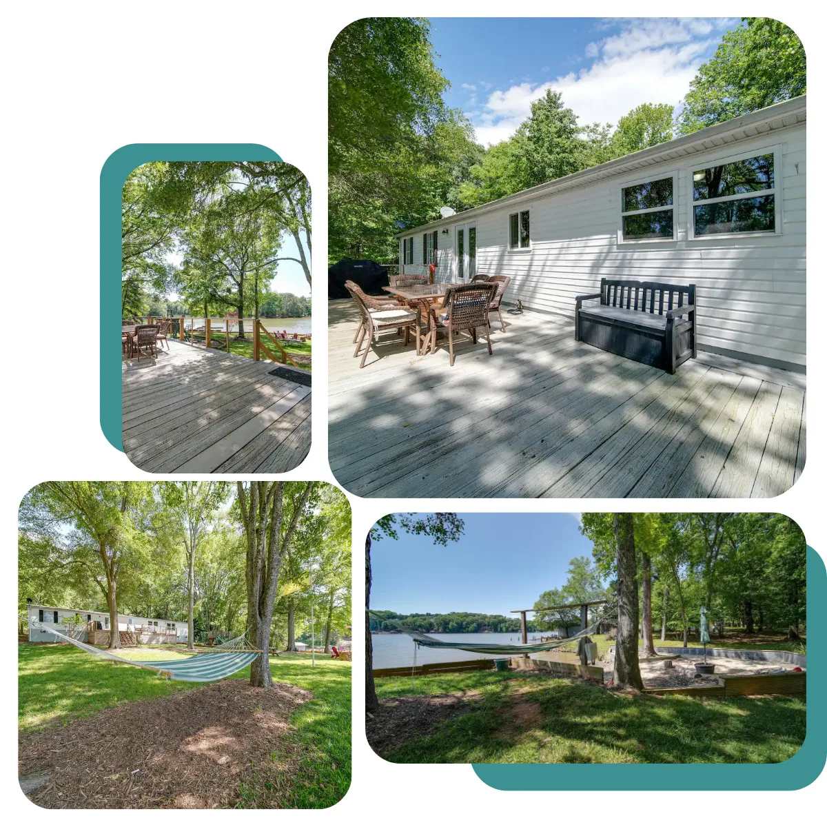 At Lake Wylie Retreat, the property's backyard is a peaceful haven, ideal for relaxing and outdoor fun, with a cozy hammock nestled amid greenery for napping or reading, and a large open space for group activities.