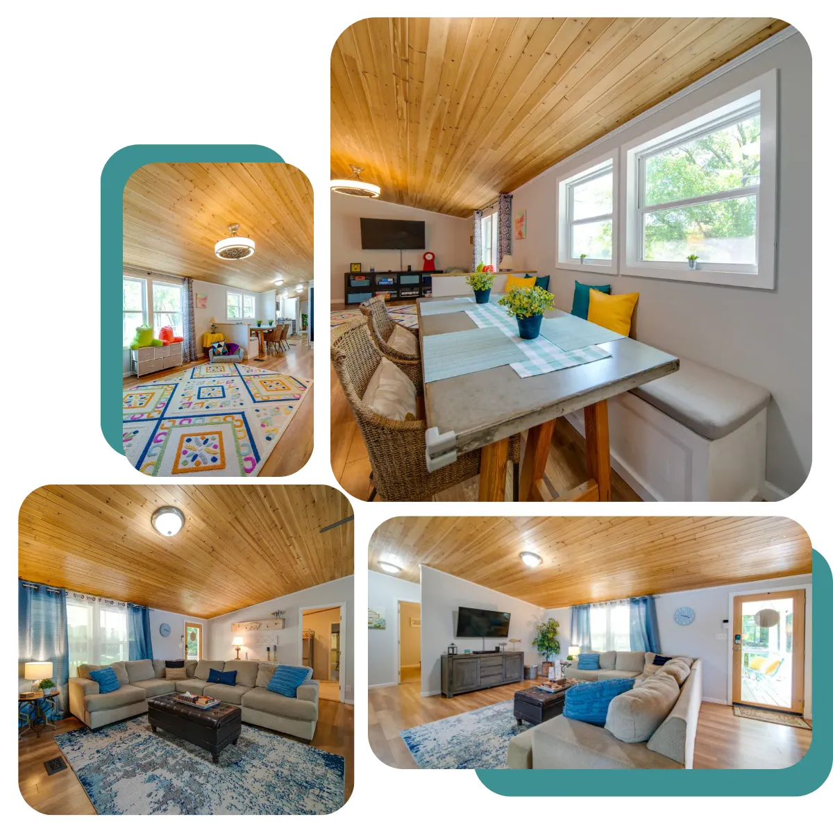 Relax at Lake Wylie Retreat with cozy furniture, ample sunlight, 5 bedrooms, a kids' playroom, and spacious dining for 10+. Enjoy the vast deck with views of the lake and backyard for a wonderful getaway.