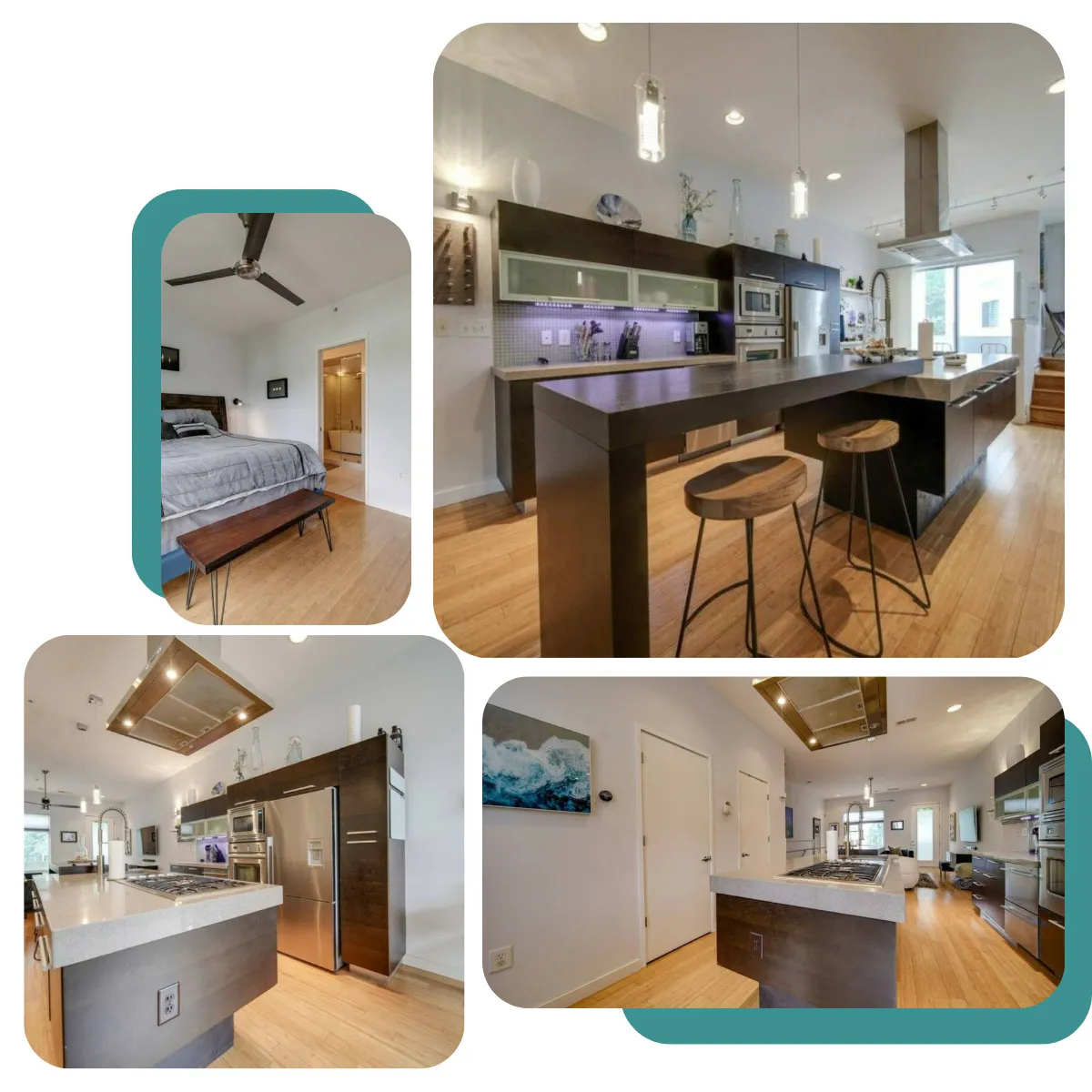 Urban Retreat's second floor has a spacious living area, kitchen, dining spot, and a balcony with modern appliances and sleek countertops for meal prep.