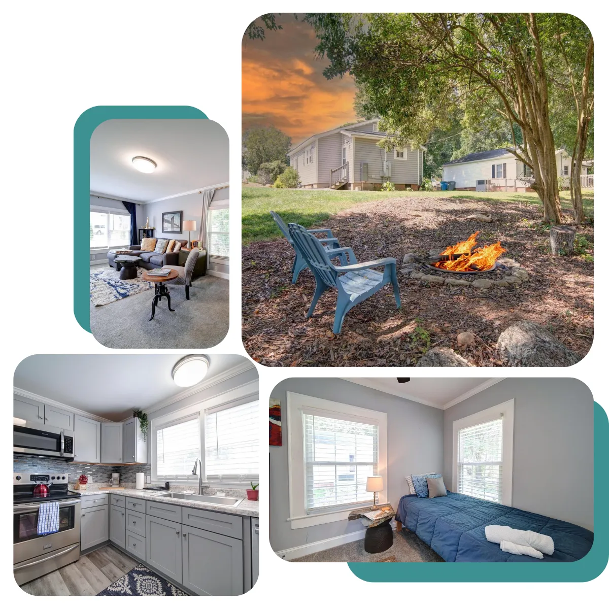 Discover comfort at River District Retreat with amenities like a Keurig-equipped kitchen, Roku TV, air mattress, queen bed, twin bed, small couch, chair, outdoor hammock, chairs, fire pit, and BBQ grill.