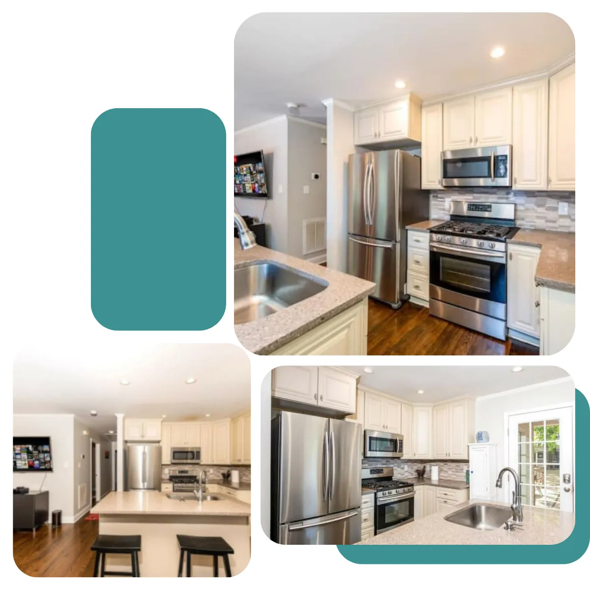 At Wilmore Rental, the kitchen has fancy stainless steel appliances like a gas stove, fridge, microwave, and dishwasher, with plenty of cabinets and sleek countertops for easy cooking.
