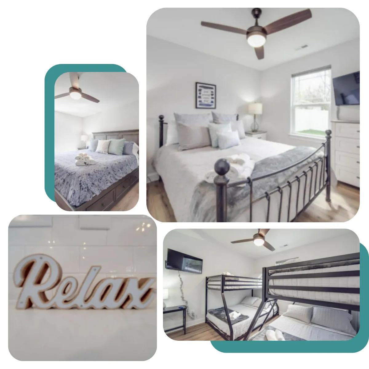 Street Park Retreat offers 3 bedrooms: a king, queen, and bunk room with TVs, ensuite bath, and walk-in closet in the main level primary bedroom.