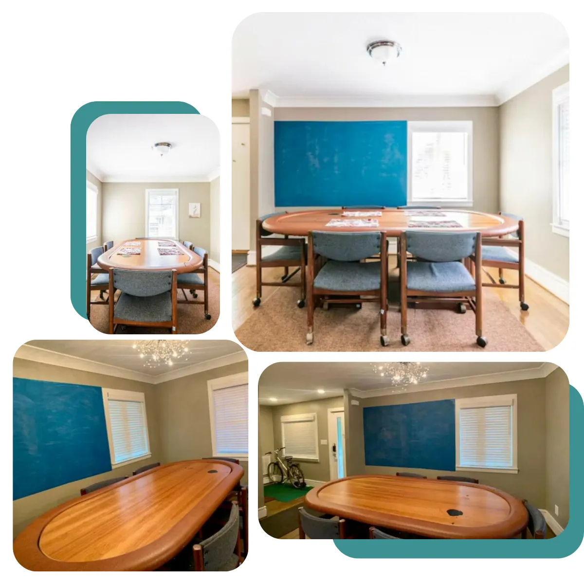 Uptown Cozy Rental's dining area is designed for enjoyable meals and gatherings, blending classic and modern styles for a comfortable setting where six can sit and chat."