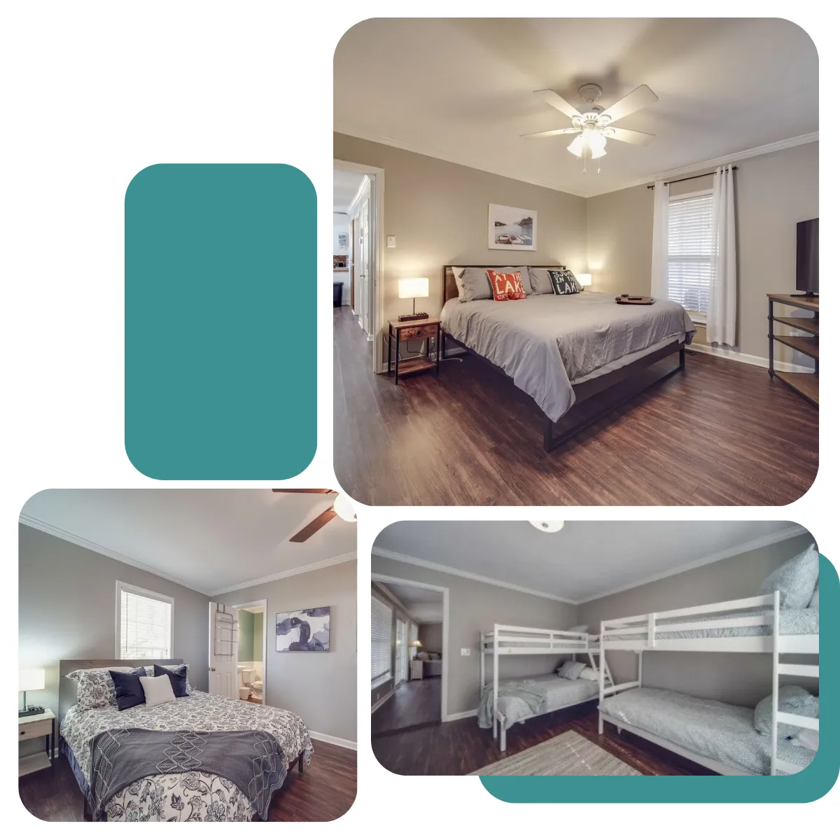 Lake Wylie Stay: Two cozy queen bedrooms with private baths, plus a bunk room and convenient half bath nearby.