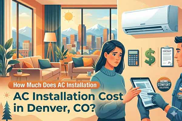 A split-screen illustration for a blog post about HVAC pricing. On the left, a warm Denver living room looks out at a sunny city skyline and snowy mountains, featuring the text "How Much Does AC Installation Cost in Denver, CO?". On the right, a homeowner and an HVAC technician look at a digital tablet together under a newly installed wall-mounted AC unit, alongside icons for a calculator, a dollar sign, and a contract.