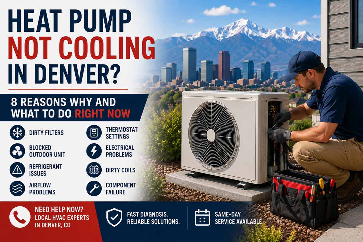 Heat pump not cooling troubleshooting guide for Denver homeowners featuring an HVAC technician repairing an outdoor heat pump unit with common cooling problems and Denver skyline background.