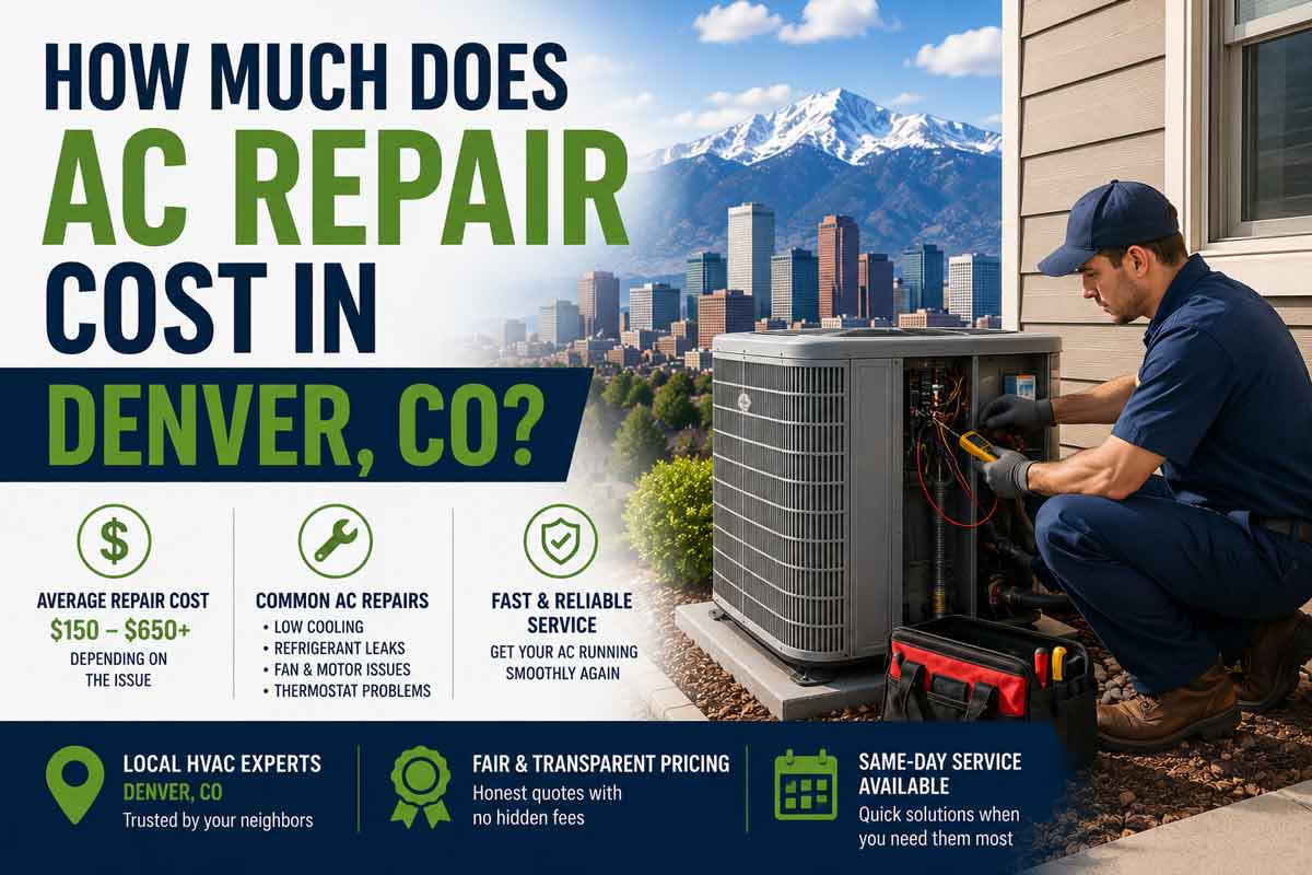 AC repair cost guide for Denver, Colorado featuring a residential air conditioning unit, HVAC technician, Denver skyline, and cooling system repair pricing information.